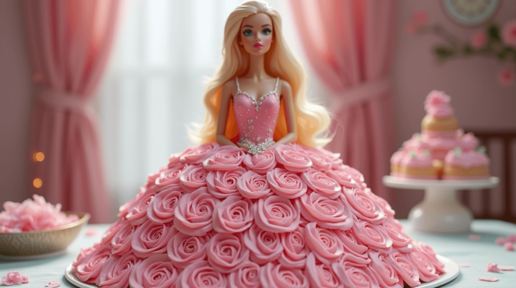 Barbie doll cake with pink buttercream dress decorated with rosettes and edible glitter, displayed on a white cake stand.