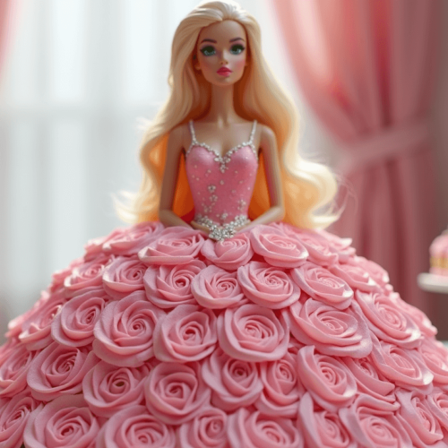 Barbie doll cake with pink buttercream dress decorated with rosettes and edible glitter, displayed on a white cake stand.