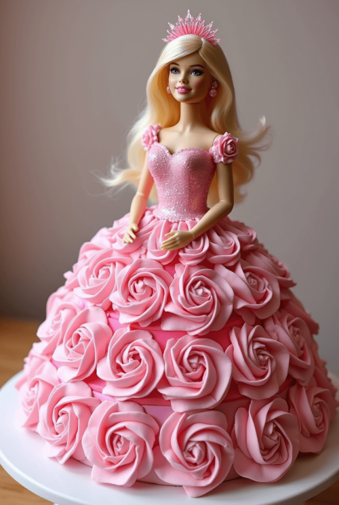 Barbie doll cake with pink buttercream dress decorated with rosettes and edible glitter, displayed on a white cake stand.