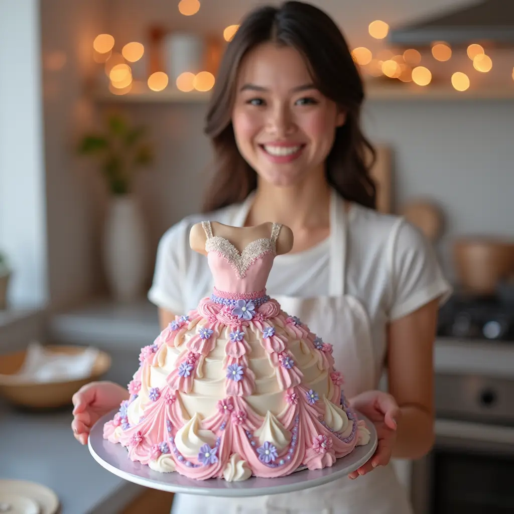 Guests slicing a Barbie doll cake with a pink frosted dress, served on dessert plates with matching party decorations.