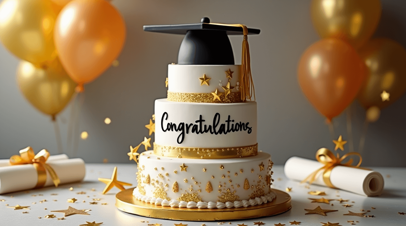 A beautifully decorated graduation cake with smooth buttercream frosting, a fondant graduation cap, and a diploma topper, placed on a festive table.
