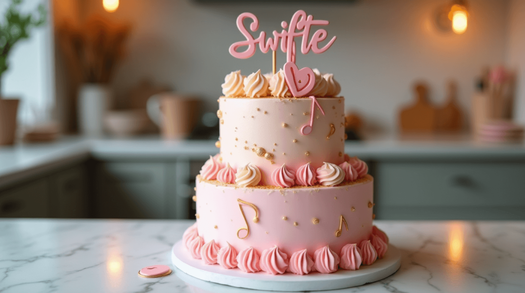A beautifully decorated Taylor Swift-inspired cake with pastel pink frosting, edible glitter, and music note decorations, perfect for Swiftie celebrations.
