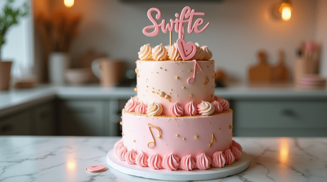 A beautifully decorated Taylor Swift-inspired cake with pastel pink frosting, edible glitter, and music note decorations, perfect for Swiftie celebrations.