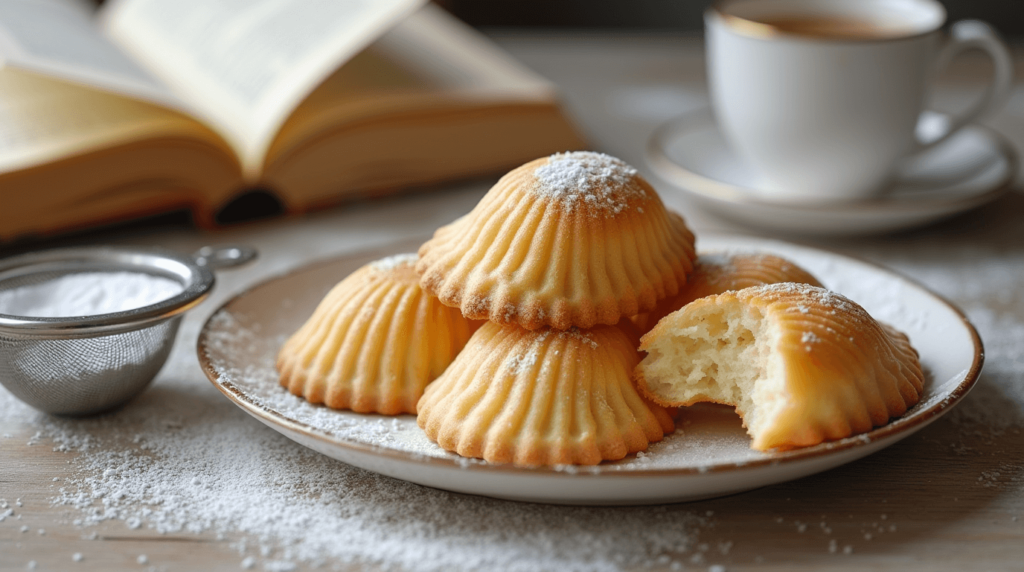 A plate of golden, shell-shaped madeleine cookies dusted with powdered sugar, accompanied by a tea cup, an open book, and a sieve with sugar.