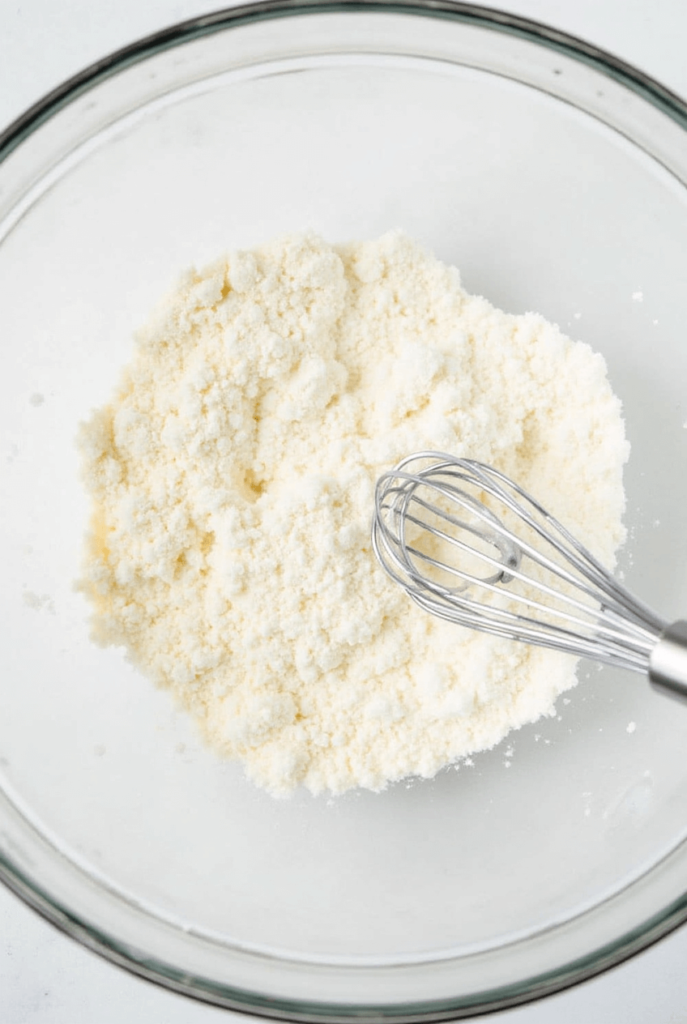 a clear bowl of whisked dry ingredients flour baking soda salt with a metal whisk resting across i 3