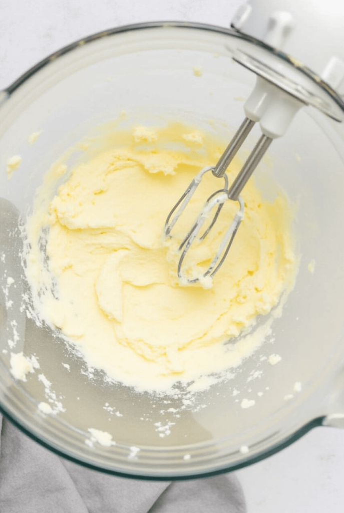 a mixing bowl with creamed butter and sugars looking fluffy and light with a hand mixer resting bes 1