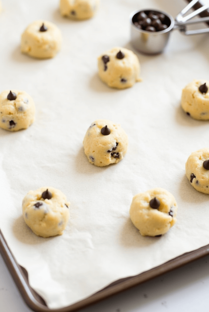 a parchment lined baking sheet with evenly spaced dough balls from a cookie scoop each with a few c