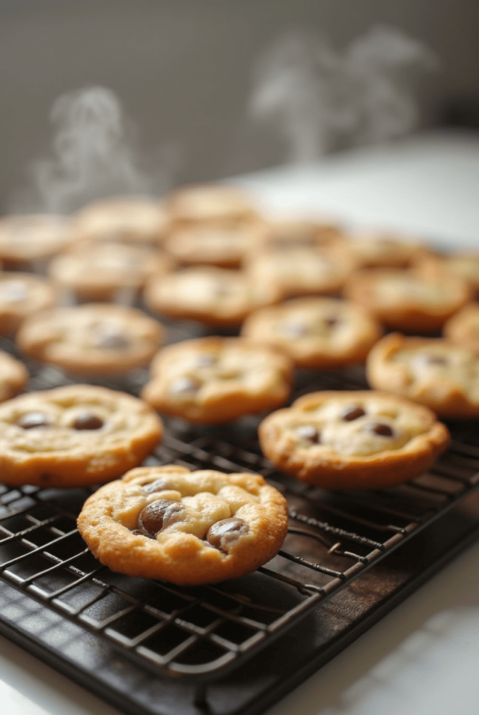 a tray of freshly baked cookies with golden edges and soft centers cooling on a wire rack steam may
