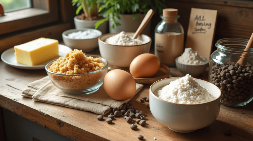 Ingredients for Rice Krispie Chocolate Chip Cookies laid out on a kitchen counter, including butter, brown and white sugar, eggs, vanilla extract, flour, baking soda, salt, chocolate chips, and Rice Krispies cereal.