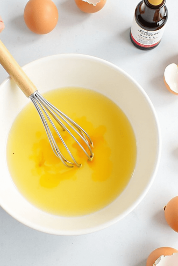 another bowl with eggs and vanilla being mixed in with eggshells and a vanilla bottle nearby naks97m