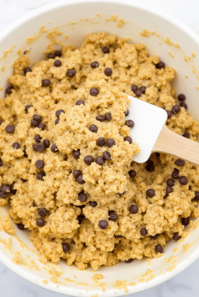 large mixing bowl with the finished cookie dough visibly studded with chocolate chips and rice kri r