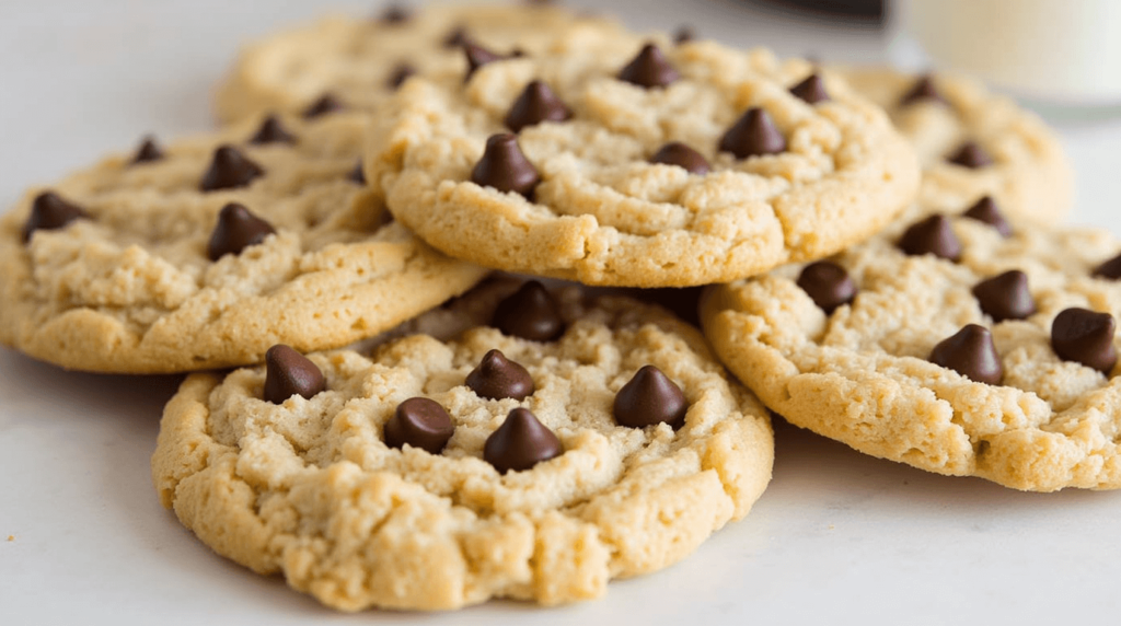 Freshly baked Rice Krispie chocolate chip cookies stacked on a cooling rack, showing crispy cereal bits and melted chocolate chips