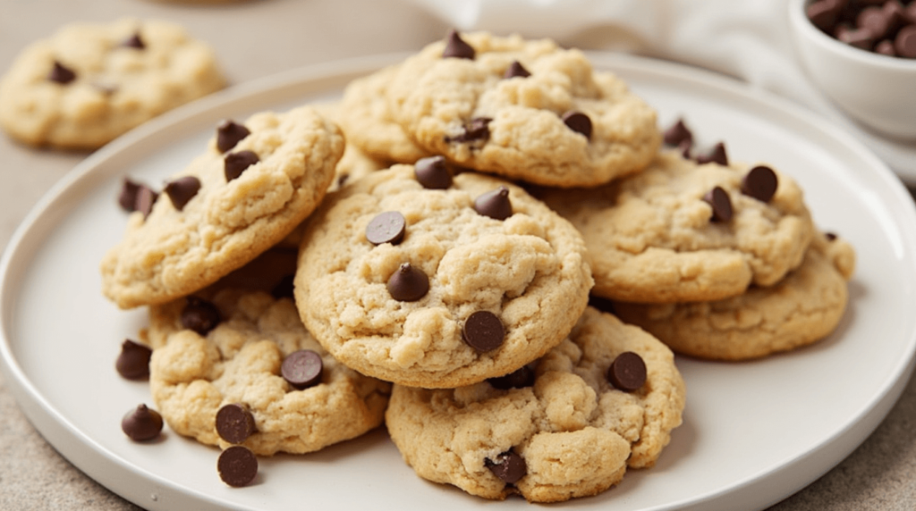 Close-up of Rice Krispie chocolate chip cookies on a cooling rack, with crispy rice cereal and melted chocolate chips visible.